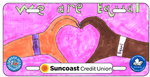 2024-2025 - 24-CH-LBY-002 - Liberty Elementary - Award of Distinction - License plate design showing two hands forming a heart shape with the words We are Equal in colorful letters