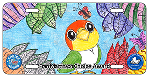 2024-2025 - 24-CH-MYK-001 - Myakka River Elementary - Fran Martinson Choice Award - License plate design showing a colorful parrot among vibrant tropical flowers and leaves