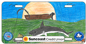2024-2025 - 24-CH-MYK-003 - Myakka River Elementary - Award of Distinction - License plate design showing a manatee or whale swimming in calm blue water under a golden sunset
