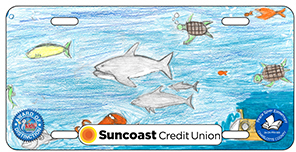 2024-2025 - 24-CH-PRV-003 - Sallie Jones Elementary - Award of Distinction - License plate design depicting two sharks swimming in blue ocean water with smaller fish