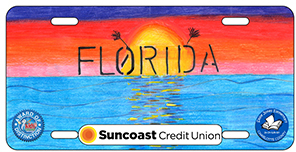 2024-2025 - 24-CH-SJN-001 - Sallie Jones Elementary - Award of Distinction - License plate design featuring the word Florida in bold letters against a vibrant orange and blue sunset sky