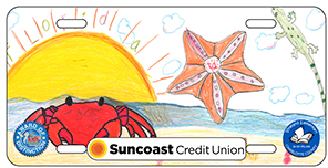 2024-2025 - 24-CH-VNL-003 - Vineland Elementary - Award of Distinction - License plate design showing a red crab and orange starfish against a bright yellow sunset over the ocean